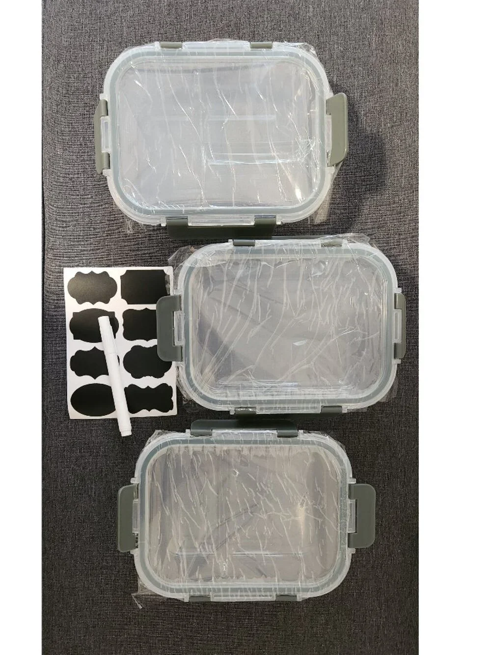 NIB: Set of 3 Glass Food Storage Containers with Lids - Clear/Black
